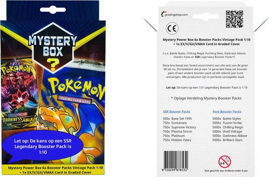 Afbeelding van het spel Pokémon Mystery Power Box 6x Booster Packs Vintage Pack 1:10 + 1x EX/V/GX/VMAX Card in Graded Cover