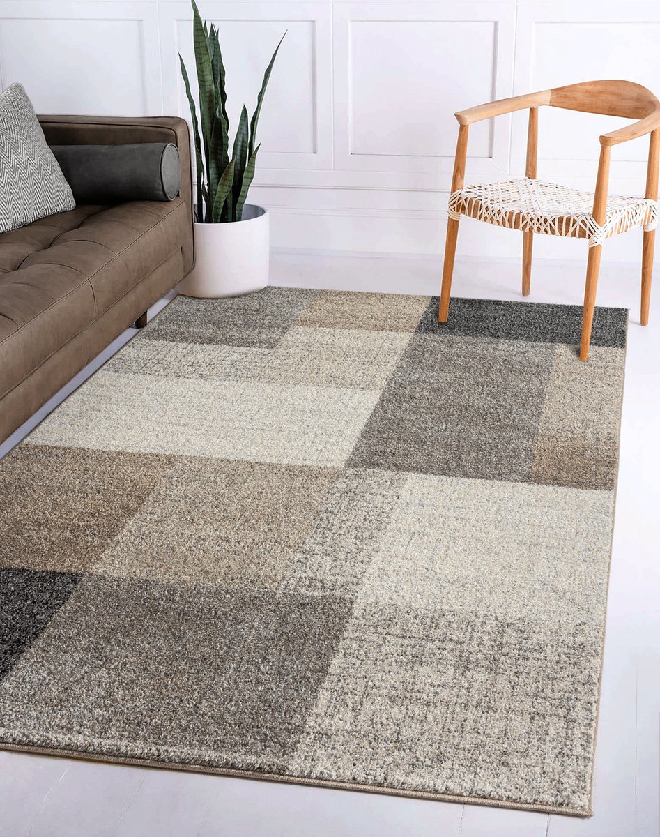 flycarpets Belos Vloerkleed Beige Modern Geblokt - Laagpolig - Woonkamer - 80x140 cm