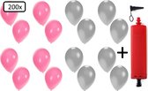 200x Ballonnen roze en zilver + ballonpomp - Ballon carnaval festival feest party verjaardag landen helium lucht thema