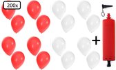 200x Ballonnen wit en rood + ballonpomp - Ballon carnaval festival feest party verjaardag landen helium lucht thema