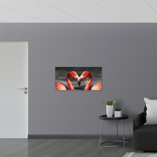 WallClassics - Panneau en mousse PVC - Deux flamants roses forment un cœur avec leur bec - Photo 100x50 cm sur panneau en mousse PVC