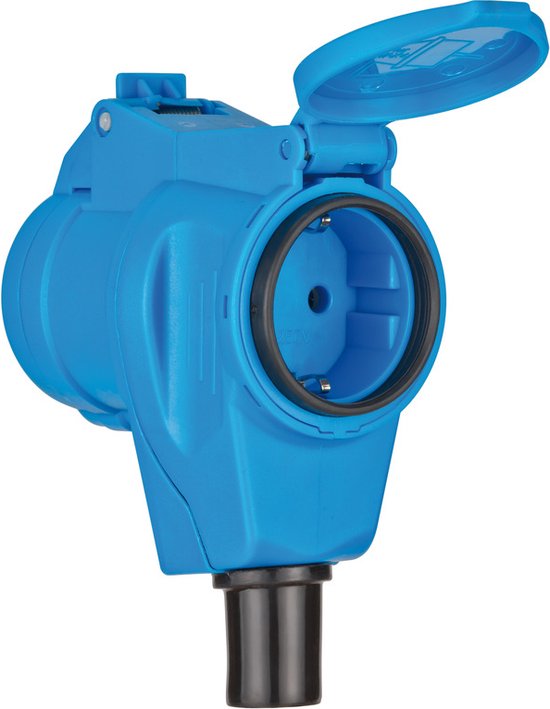 Blauwe CEE-wandcontactdoos met klapdeksel en een aansluitstekker.
