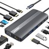 Grijze A-KONIC 12-in-1 USB C laptop docking station met 2 HDMI, VGA, LAN, USB-C en SD-kaartlezers. Inclusief diverse kabels.