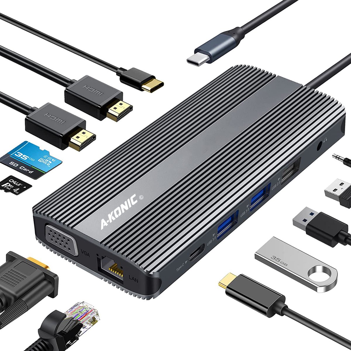 A-KONIC 12-in-1 USB C Laptop Docking station met 2* 4K HDMI (Dual HDMI) – VGA 60HZ 1920*1080 - Gigabit Ethernet Rj45 – USB-C opladen 100W en meer – SpaceGrijs