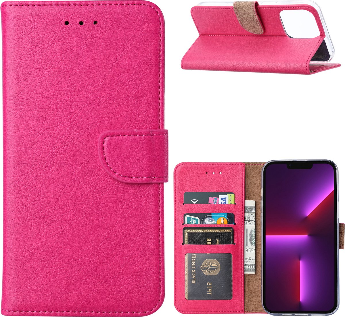 Hoesje met Pashouder - Bookcase Geschikt voor iPhone 14 Pro - Roze - Vegan Leder - Magnetische Sluiting