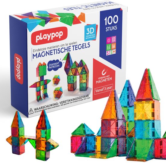 Playpop Magnetische Tegels – Bouwspeelgoed – Speelgoed – Technisch – STEM-Speelgoed 100 stuks