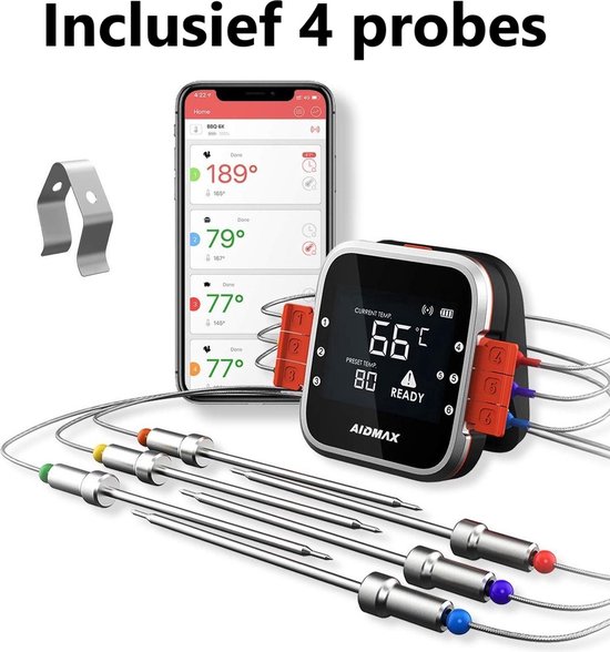 AidMax - BBQ thermometer - Vleesthermometer BBQ - 6 sondes – Bluetooth met App - Waterbestendig – Incl. Batterijen - Geleverd met 4 sondes - AidMax