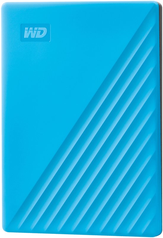 Blauwe WD My Passport externe harde schijf met een gestreept patroon.