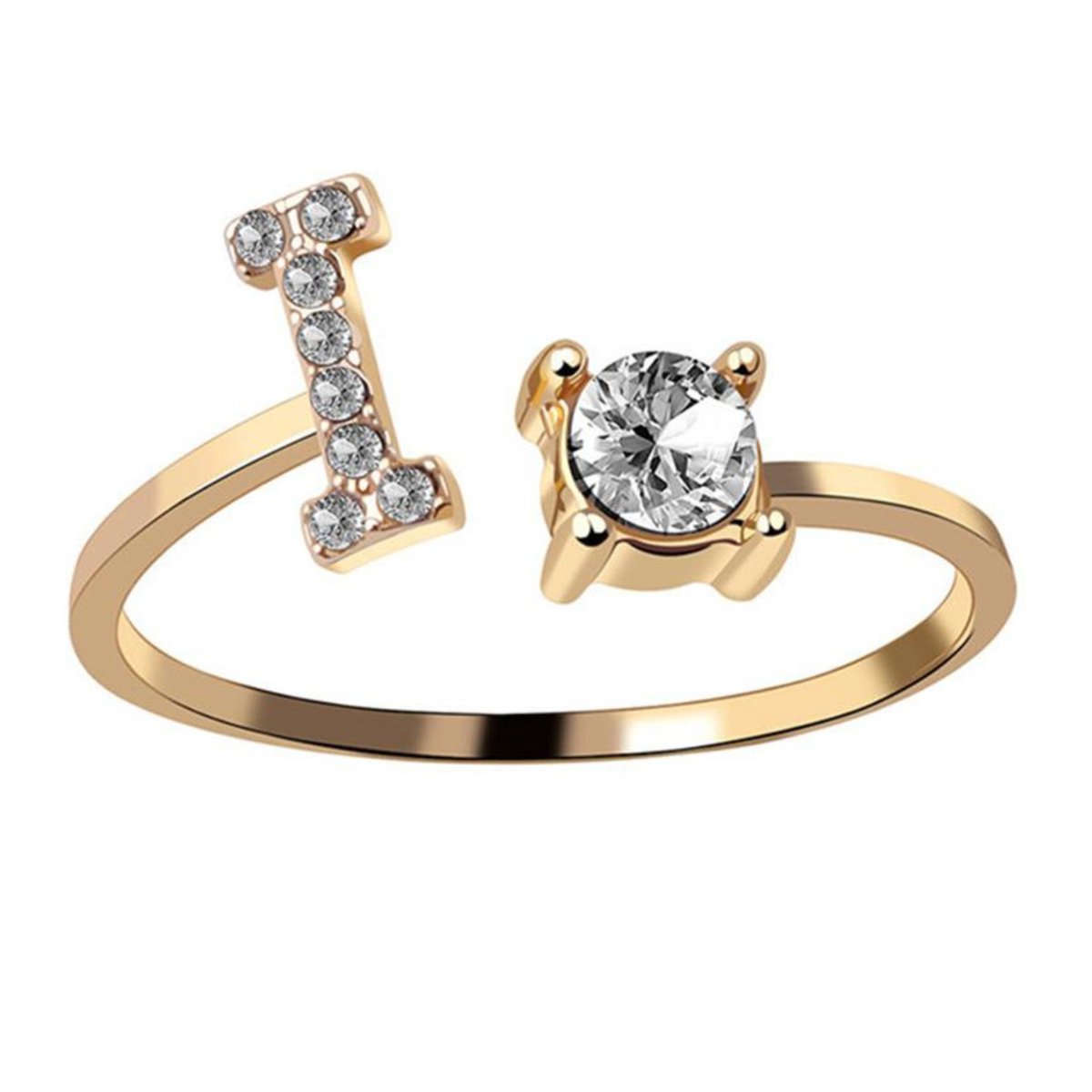 Ring Met Letter - Ring Met Steen - Letter Ring - Ring Letter - Initial Ring - (Zilver) Gold-Plated Letter I - Cadeautje voor haar