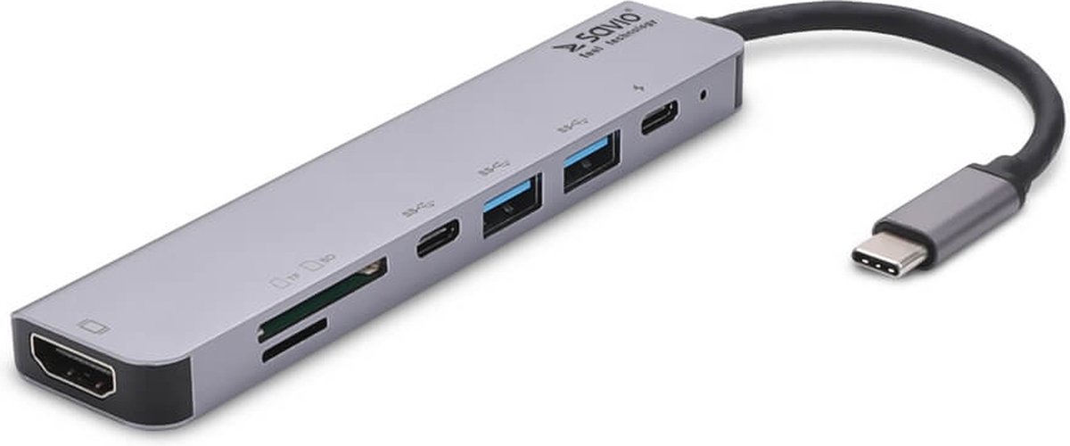 SAVIO AK-47 MULTIFUNCTIONAL USB Type C 7IN1 HUB HDMI, SD & TF CARD, USB 3.0, USB 3.0 Type C Grijs