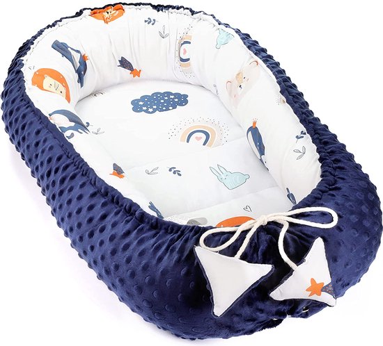 Babynest Babynestje Nestje Baby - 75 x 45 cm Pluche Knuffelnest met Gevlochten Rand en Kussen Demontabel Set Dubbelzijdig Voor Wieg Ledikant of Co Sleeper Wasbaar Konijn