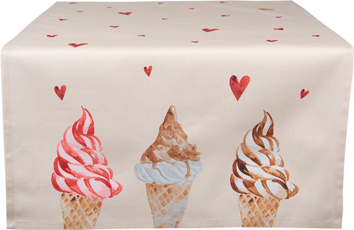 Clayre & Eef Tafelloper 50x140 cm Beige Roze Katoen IJsjes