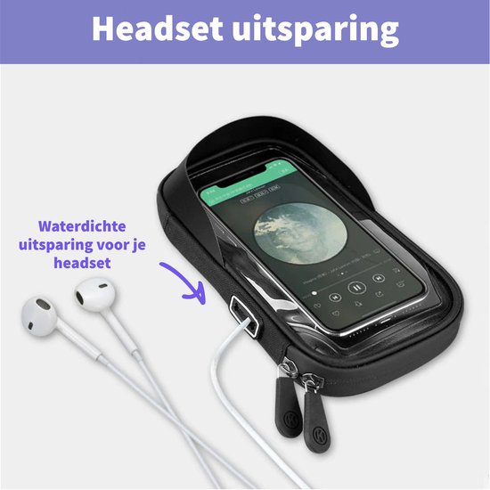 Zwarte telefoonhouder met headsetuitgang, close-up van de uitgang met oortjes.