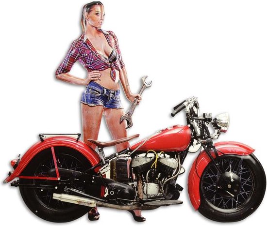 Wandbord - Tinnen bord 3d Relief - Vrouw met motorfiets - garage
