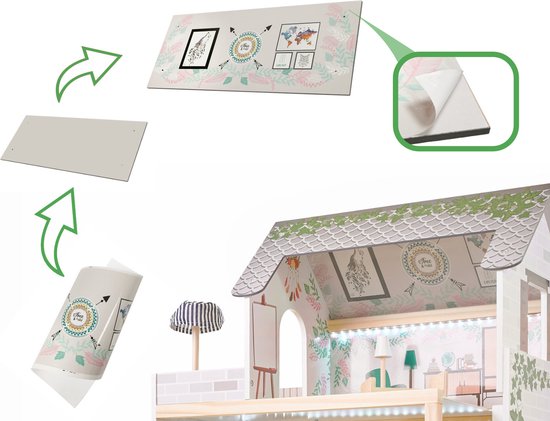 Boho poppenhuis met LED verlichting en decoratief behang. Bevat bouwinstructies.