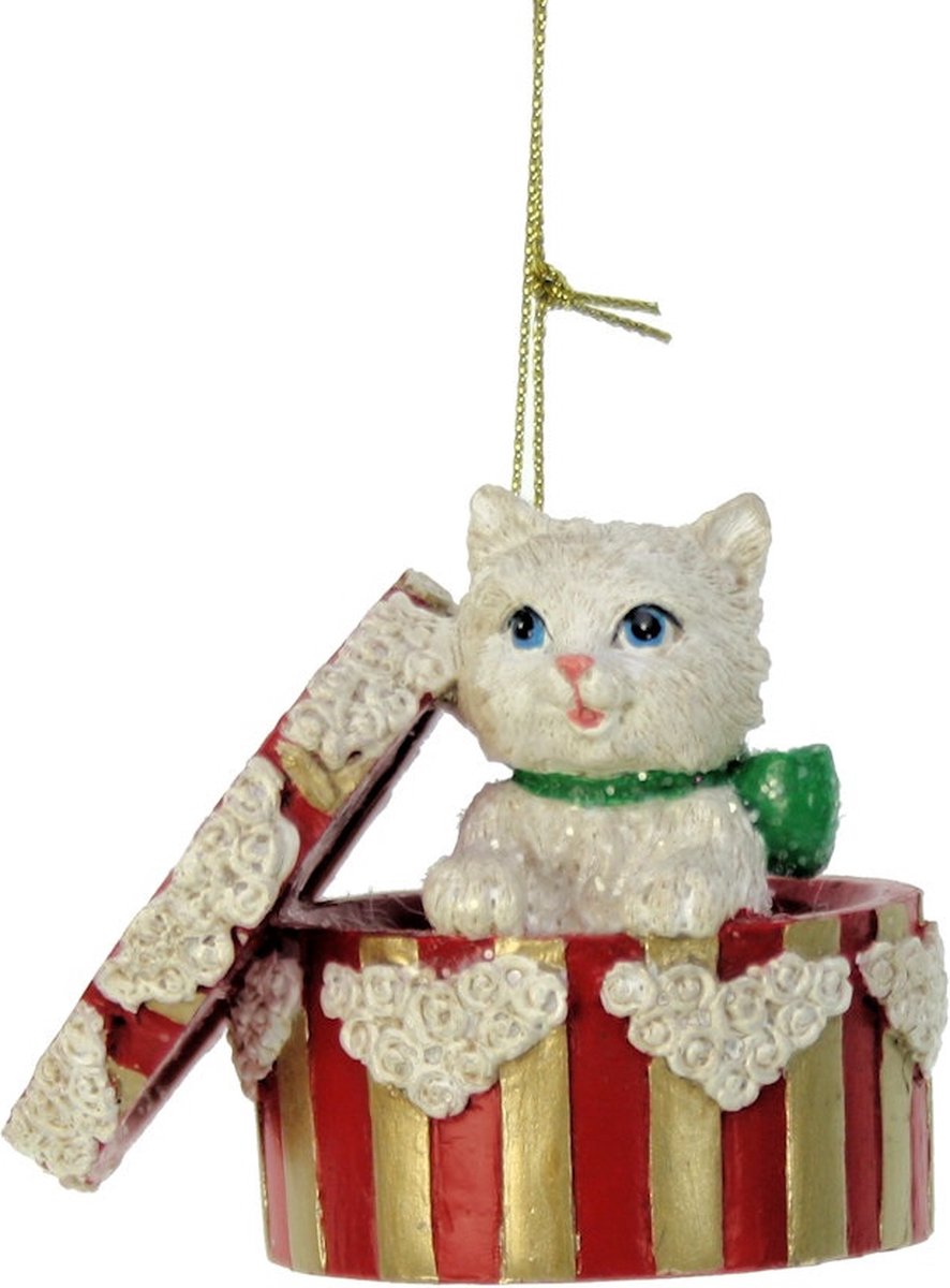 Ornament Kat in doos rood 7,5x5,5x6cm
