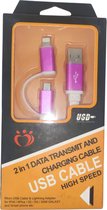 2 in 1 USB-kabel - Opladen - Gegevensoverdracht - 1 meter - Android en iOS - Micro USB en Lightning - Fuchsia