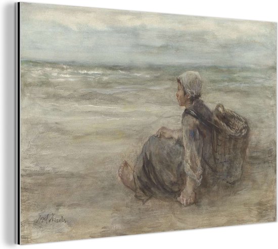 Wanddecoratie Metaal - Aluminium Schilderij Industrieel - Vissersmeisje op het strand - Schilderij van Jozef Israëls - 90x60 cm - Dibond - Foto op aluminium - Industriële muurdecoratie - Voor de woonkamer/slaapkamer