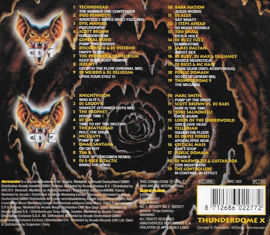 De achterkant van de Thunderdome X CD-hoes met de tracklist van CD1 en CD2.