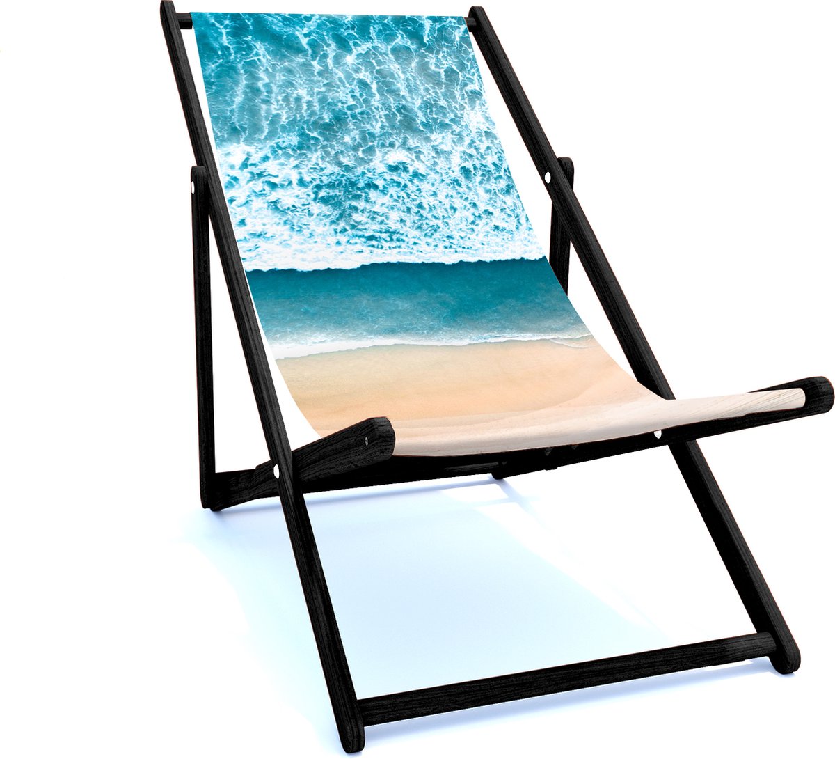 Holtaz Strandstoel Hout Inklapbaar Comfortabele Zonnebed Ligbed met verstelbare Lighoogte met stoffen Surfing zwart houten frame