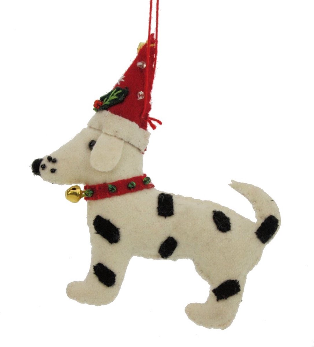 Hond zwart/wit met kerstmuts, vilt 11,5x2x12cm