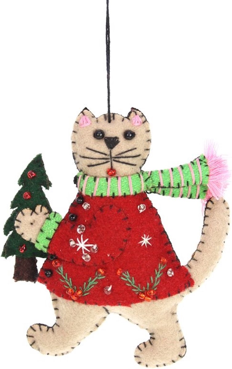 Kat (bruin) met kerstboom, vilt 10x2,5x10,5cm