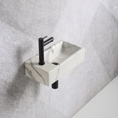 Fonteinset Mia 40.5x20x10.5cm marmerlook wit geaderd grijs links inclusief fontein kraan, sifon en afvoerplug mat zwart