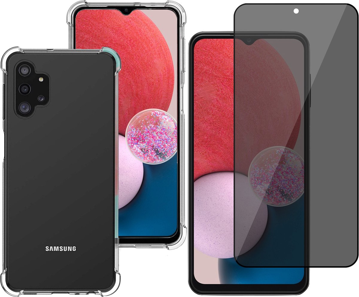 Hoesje geschikt voor Samsung Galaxy A13 4G - Anti Shock Proof Siliconen Back Cover Case Hoes Transparant - Tempered Glass Privacy Screenprotector