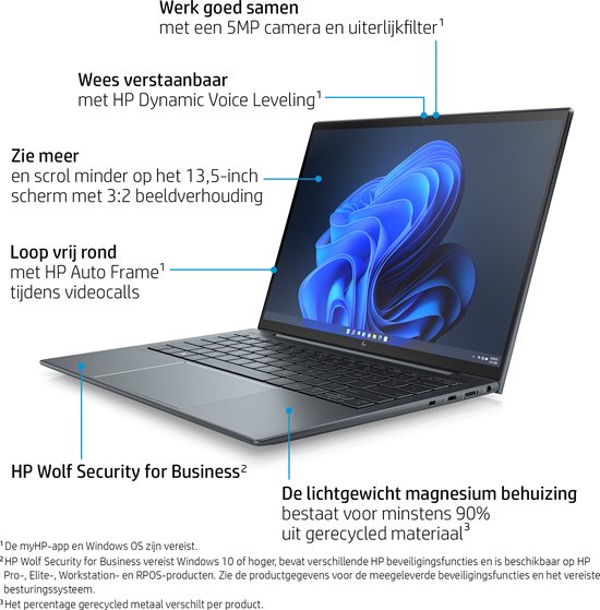HP Elite Dragonfly 13.5 G3 Intel® Core™ i5 i5-1235U Laptop 34,3 cm (13.5") Touchscreen WUXGA+ 16 GB LPDDR5-SDRAM 512 GB SSD Wi-Fi 6E (802.11ax) Windows 11 Pro Blauw - HP - Hoofdafbeelding