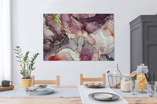Tableau sur toile Marbre - Rouge - Violet - Or - 140x90 cm - Décoration murale