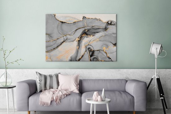 Toile Peinture Marbre - Goud - Grijs - 140x90 cm - Décoration murale