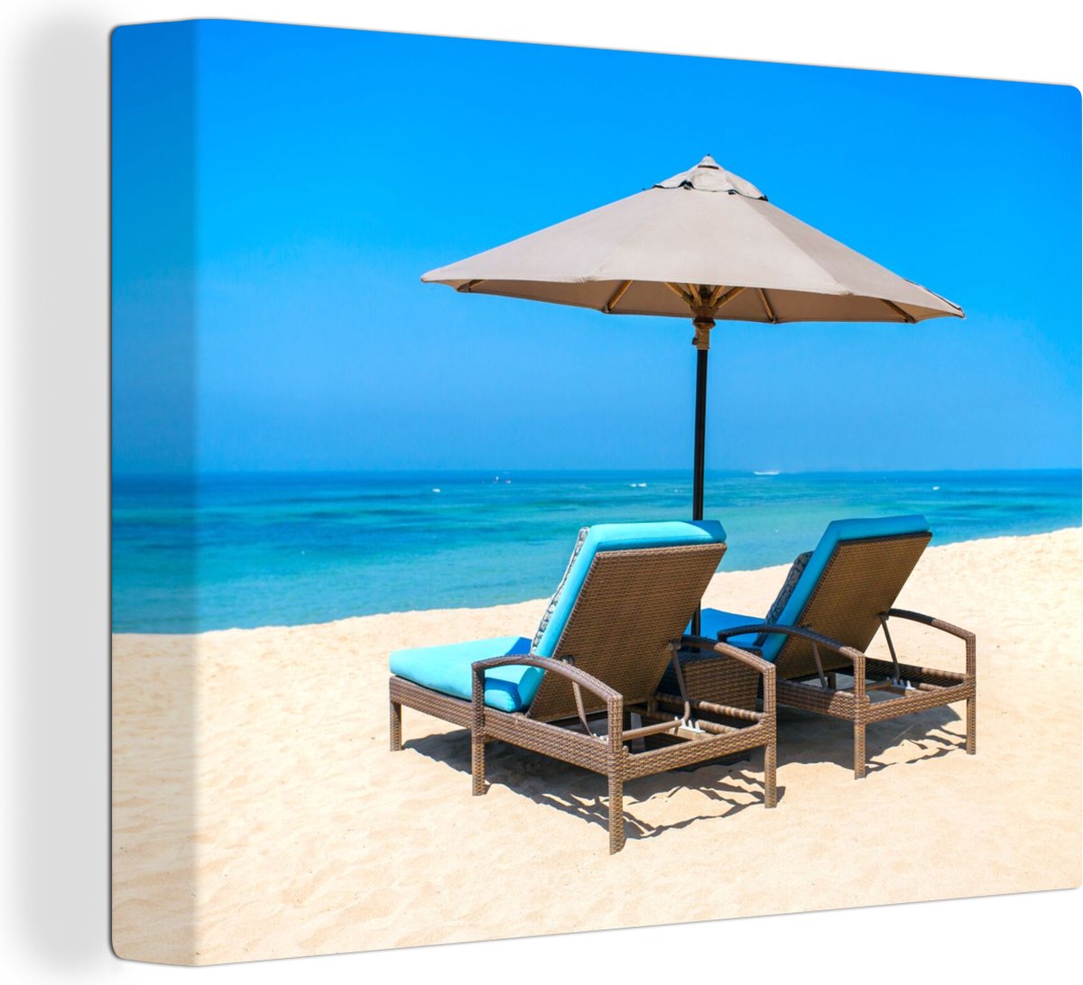 Canvas schilderij 160x120 cm - Wanddecoratie Strandstoel - Parasol - Zomer - Zee - Muurdec
