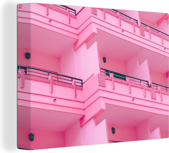 Canvas Schilderij Balkon - Zomer - Roze - Architectuur - 80x60 cm - Wanddecoratie