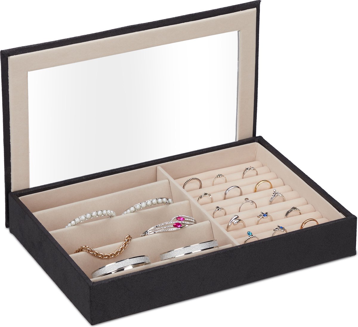 Relaxdays sieradendoos - juwelendoosje - sieradenbox - armbanden - ringen - lederlook - zwart