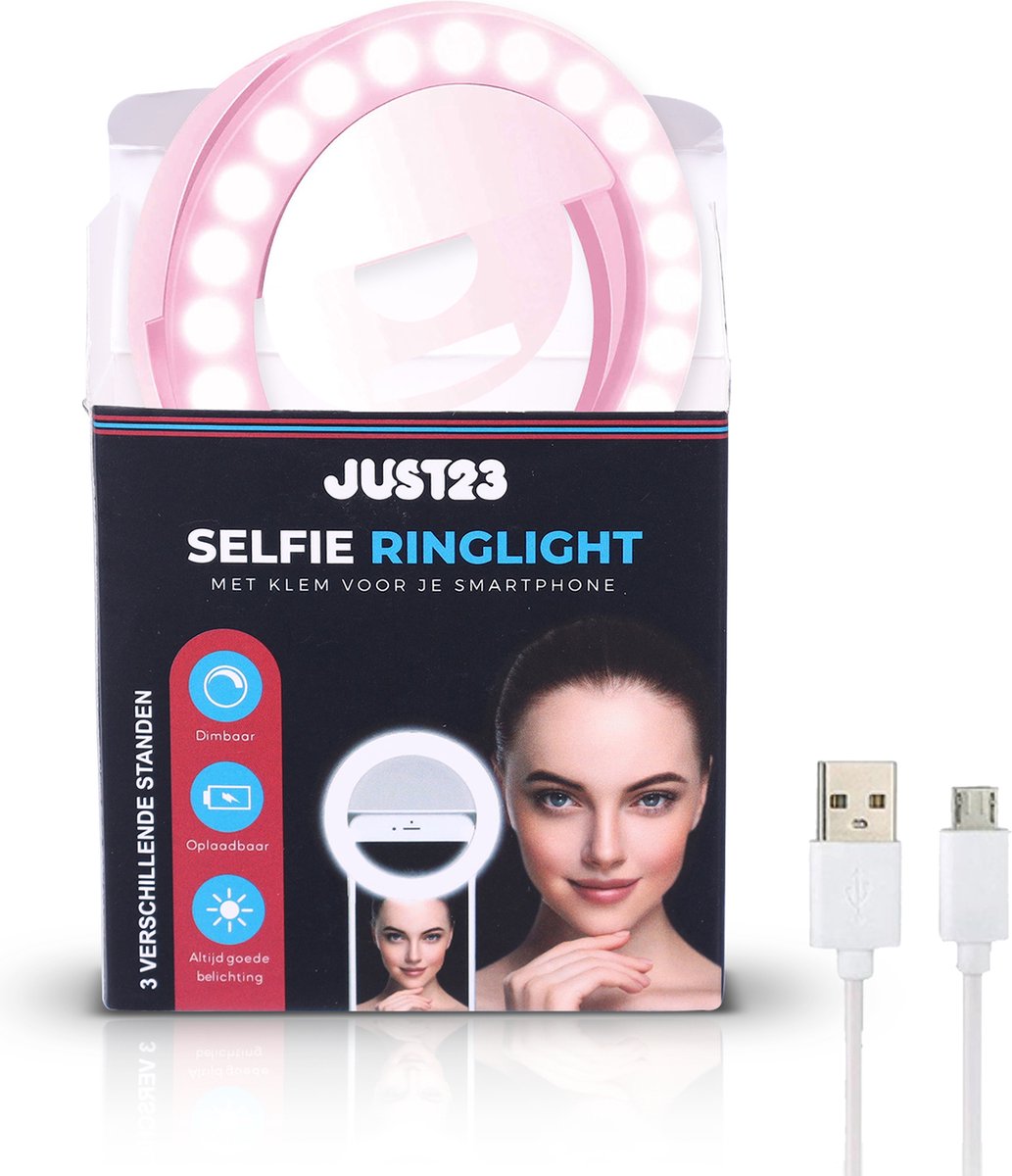 JUST23 Selfie Ring Light voor mobiel - Ringflitser - Roze - Selfie light - TikTok en Snapchat