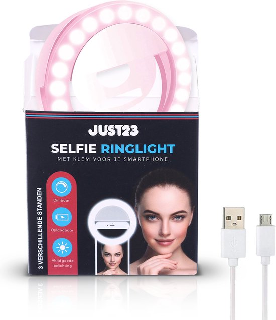 JUST23 Selfie Ring Light voor mobiel – Ringflitser – Roze – Selfie light – TikTok en Snapchat