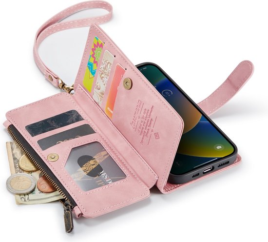 Coque Apple iPhone 14 Pink Pâle - Casemania Luxe Wallet Book Case with Zipper