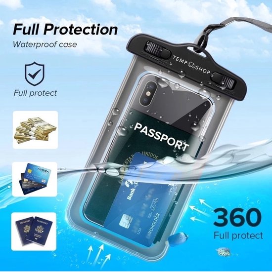 Zwarte waterdichte telefoonhoes met paspoort, creditcards en geld erin, onder water.