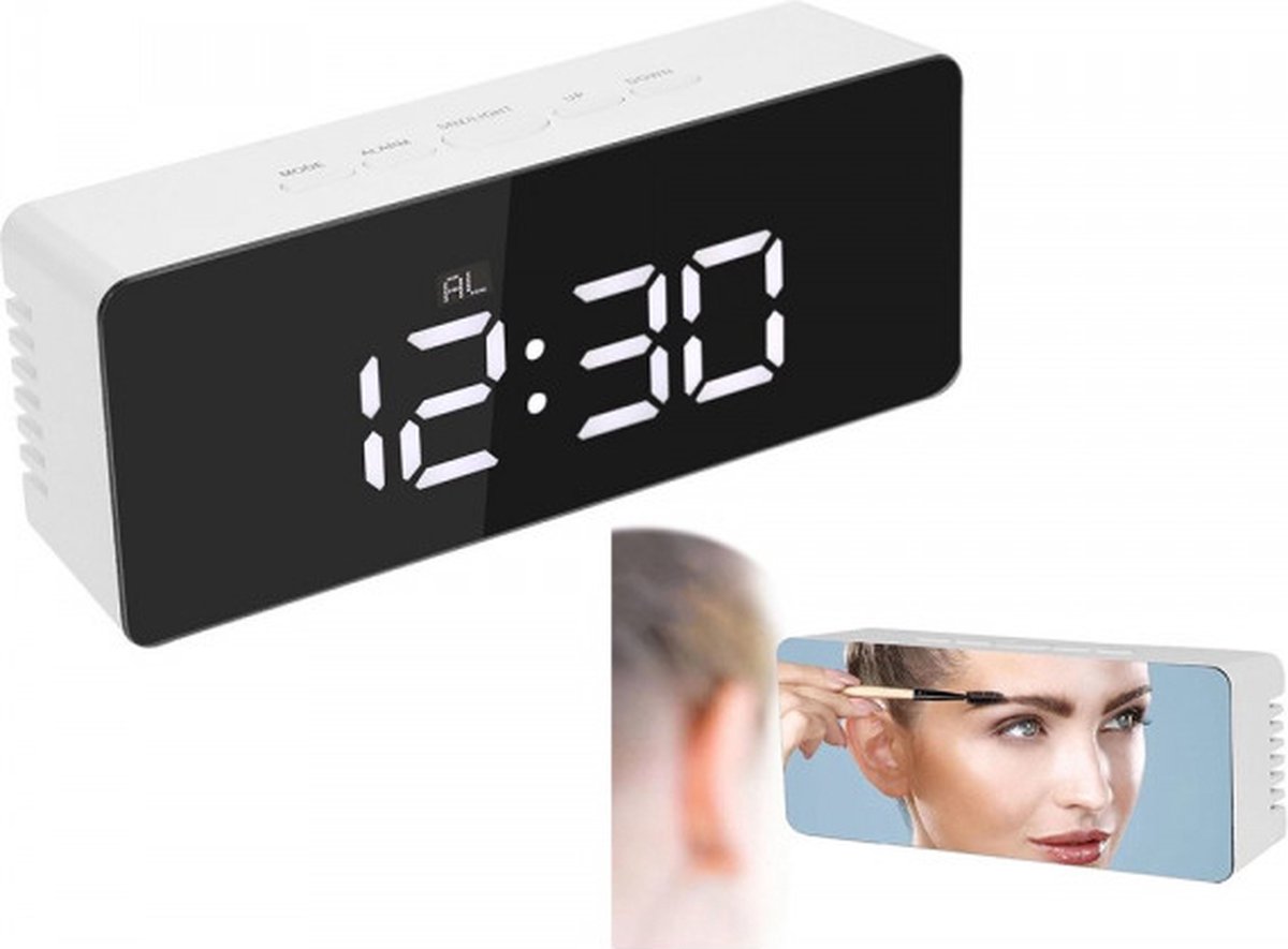 Kebidu® Luxe Digitale Spiegel Wekker - Inclusief 4X AAA- Batterijen -Inclusief Temperatuurmeter - Met LED - Met USB - Slaapkamer - Met Snooze Functie - Nachtlampje - Wit