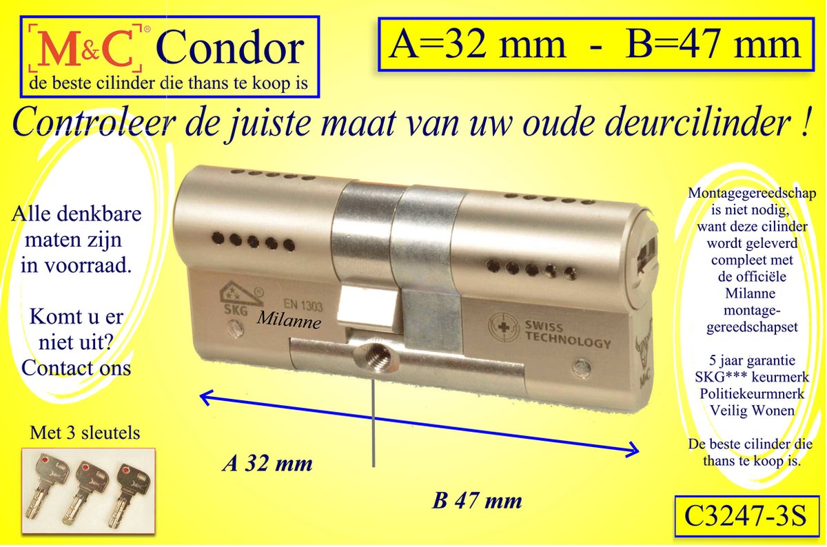 M&C Condor - High Security deurcilinder - SKG*** - 32x47 mm - Politiekeurmerk Veilig Wonen - inclusief gereedschap montageset