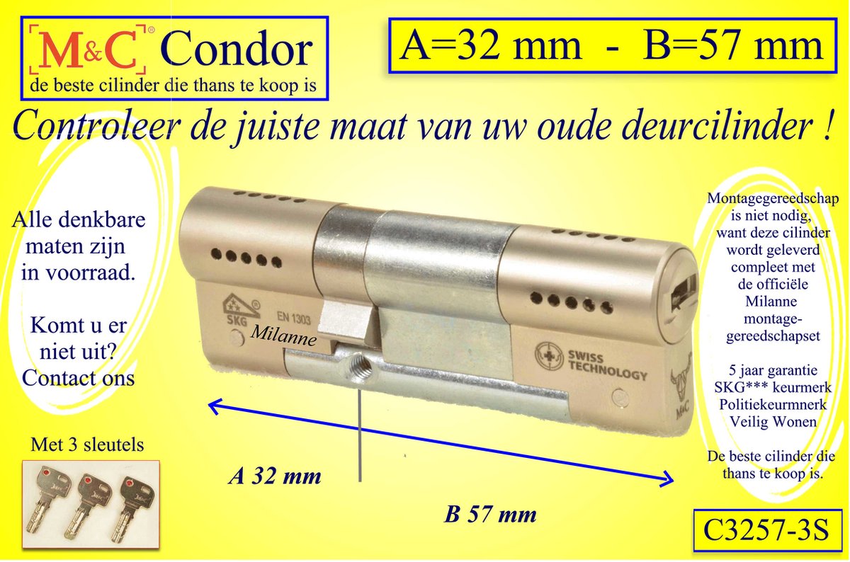 M&C Condor - High Security deurcilinder - SKG*** - 32x57 mm - Politiekeurmerk Veilig Wonen - inclusief gereedschap montageset