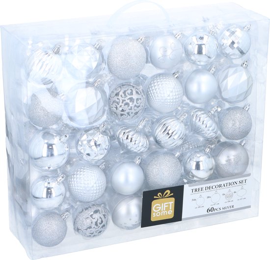 Giftsome Set de Boules de Noël - 60 Pièces Boules de Noël Argentées - Boules de Noël Incassables - Mix de Décorations de Noël - Décorations d'Arbre de Noël - Boules de Noël en Plastique - Argent