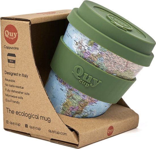 Quy Cup 230 ml - Gobelet de voyage écologique - "Carte" - Sans BPA - Fabriqué à partir de Bouteilles en PET recyclées avec couvercle en Siliconen vert