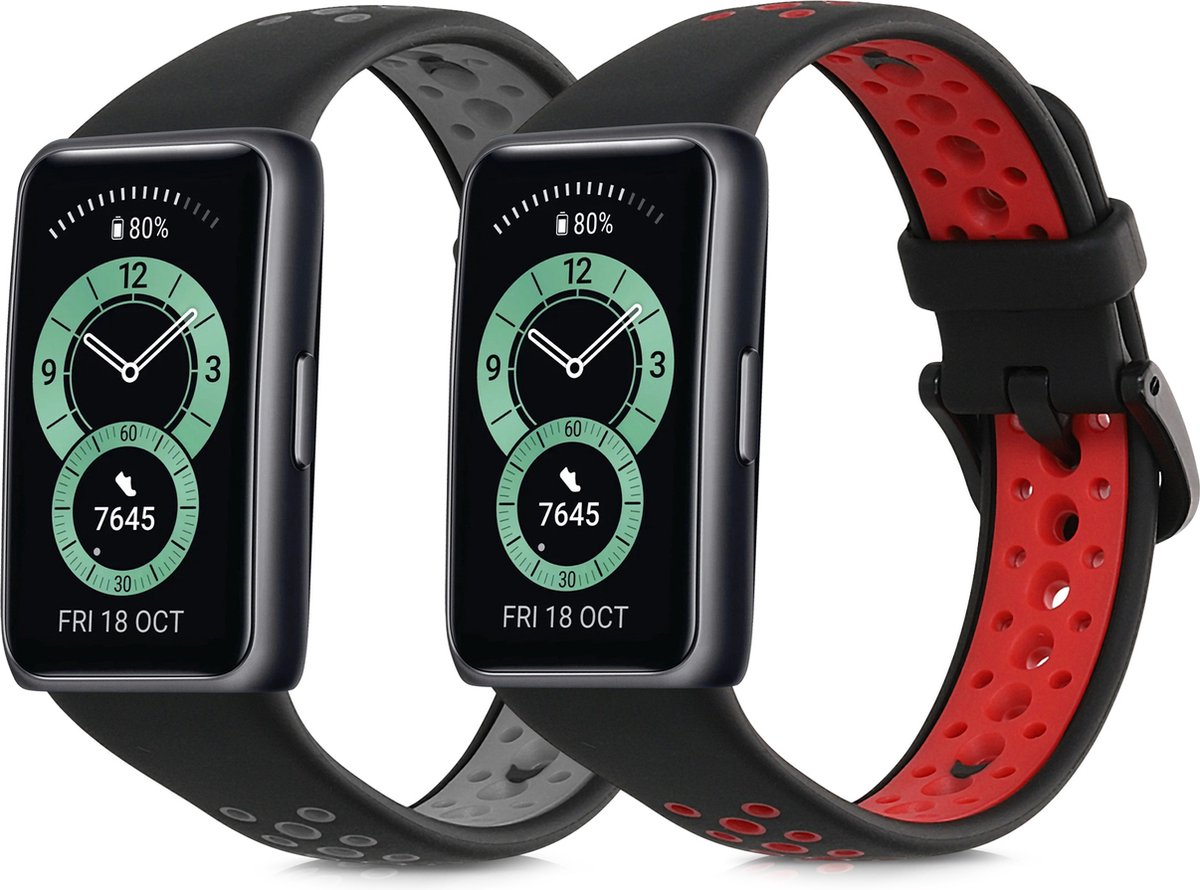 kwmobile 2x horlogebandjes geschikt voor Huawei Band 6 & 6 Pro / Honor Band 7 & 6 bandje - Smartwatch bandjes van TPU - Activity tracker horloge band in zwart / rood / zwart / grijs