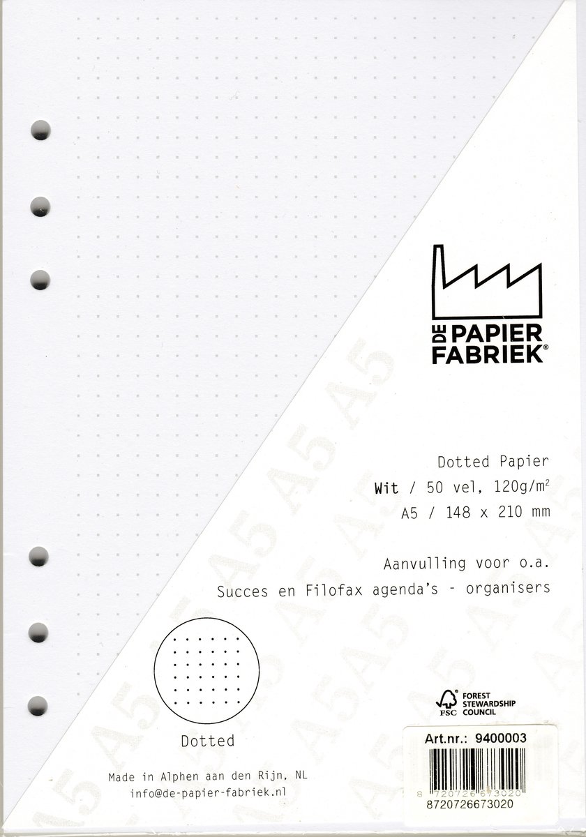 Aanvulling 50 Vel Dotted 120g/m² Wit Notitiepapier voor A5 Succes, Filofax of Kalpa Organizers 100 Pag