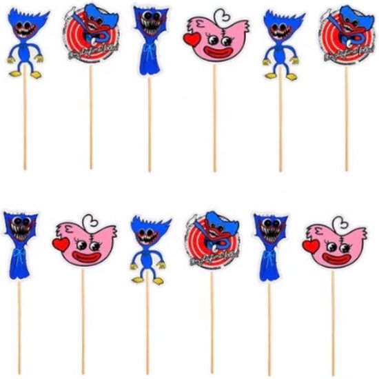 Huggy Wuggy Cupcake Toppers - 12 stuks - Taart Topper - Cupcake Decoratie - Taart Decoratie - Huggie Wuggy - Verjaardag Toppers - Cupcake Prikkers - Kissy Missy - Poppy Playtime - Roblox