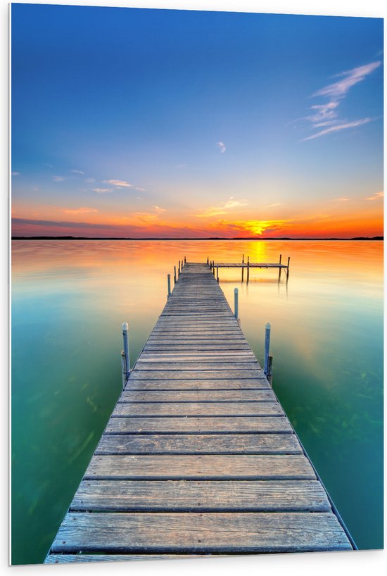 WallClassics - PVC Schuimplaat- Steiger in het Water naar Zonsondergang - 80x120 cm Foto op PVC Schuimplaat