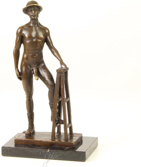 Naakte poserende man - Bronzen beeld - erotische sculptuur - 25,7 cm hoog