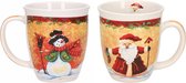 Set de 2 x Mugs de Noël bonhomme de neige avec chapeau noir et Père Noël avec bas de Noël 11 cm - Tasses à Café/thé thème Noël