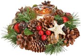 Kerst tafeldecoratie kerststukje krans met windlichtje 17 cm - Kerstversiering/kerstdecoratie